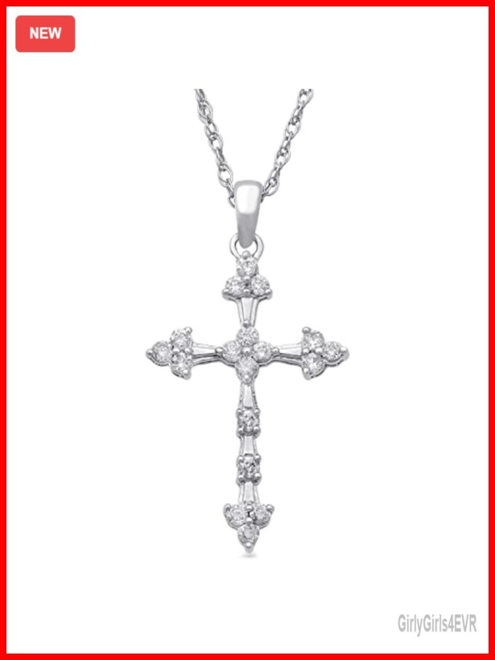 10K White Gold Diamond Cross Necklace 18 Inch Rope Chain